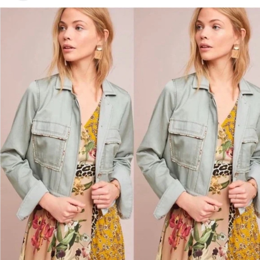 Anthropologie Piped Mint Linen women Trucker Jacket Size M
